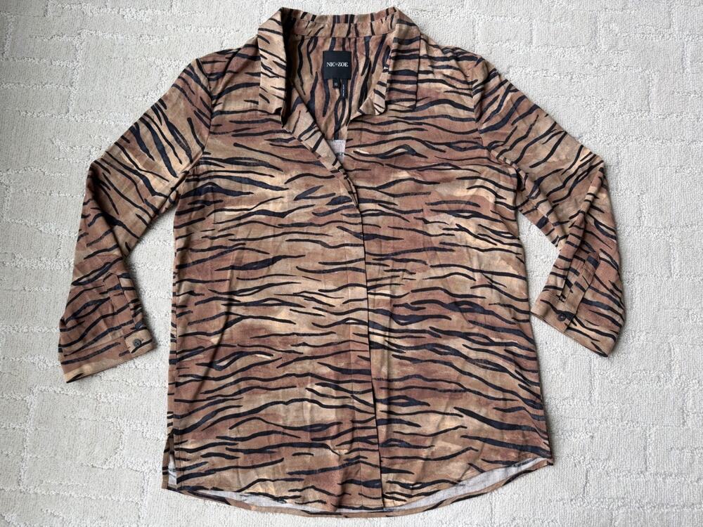 Nic+Zoe Womens Top Tiger Stripe Brown Shirt Animal Print Casual Blouse